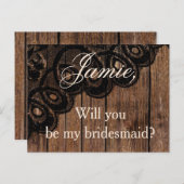 Wil je mijn bruidsmeisje Wood en Faux Lace zijn? Uitnodiging Briefkaart (Voorkant / Achterkant)