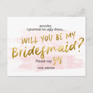Wil je mijn bruidsmeisje zijn Blush & Gold Waterco Uitnodiging Briefkaart