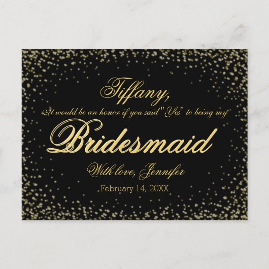 Wil je mijn bruidsmeisje zijn? Golden Glitter Nigh Uitnodiging Briefkaart (Voorkant)