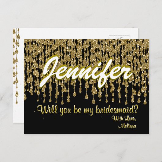 Wil je mijn bruidsmeisje zijn | Gouden Sparkle Loo Uitnodiging Briefkaart (Voorkant / Achterkant)