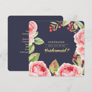 Wil je mijn bruidsmeisje zijn? Navyblauw bloemmoti Kaart