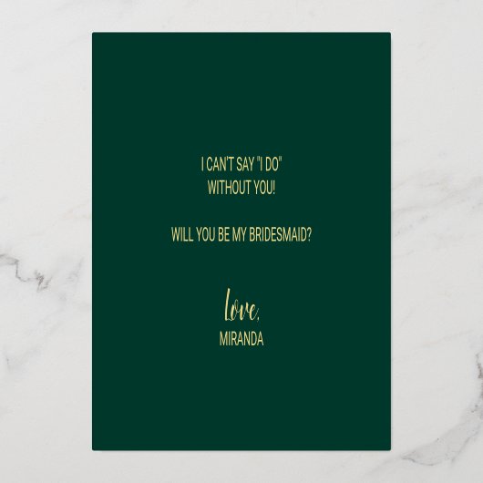 Wil je mijn bruidsmeisje zijn? Smaragd en goud Folie Uitnodiging (Achterkant)