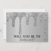 Wil je mijn bruidsmeisje zilveren glitter druppels save the date (Voorkant)