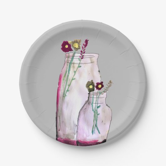 Wilbloemen van waterverf in vaas papieren bordje (Voorkant)