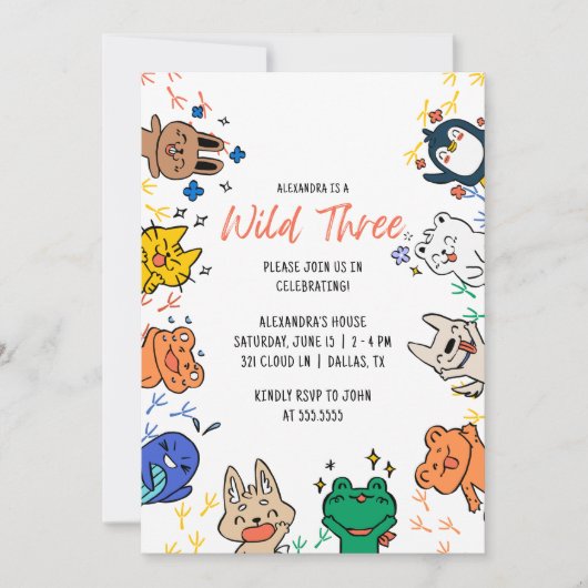Wild 3 animaux mignons 1er anniversaire Invitation (Devant)