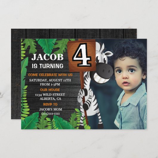 Wild 4 Safari Photo personnalisée Invitation Anniv (Devant / Derrière)