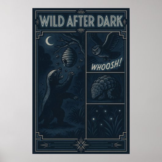 Wild After Dark - Nocturnal Wildlife Comic Scene Poster (Voorkant)