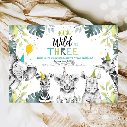 Wild and Three Safari Animaux Invitation Anniversa