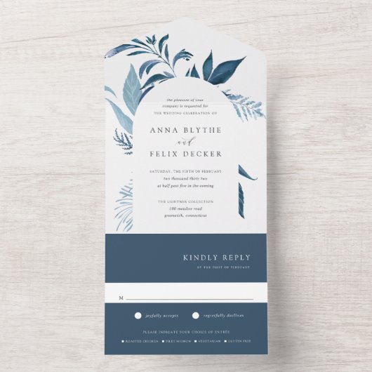 Wild Azure Blue Botanical Arch Wedding All In One Uitnodiging (Binnen)