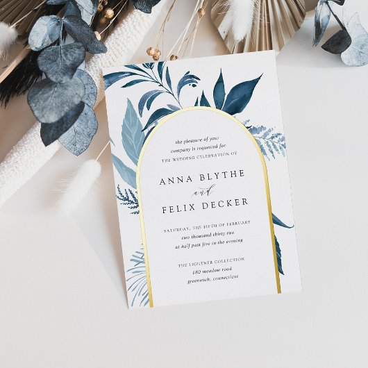 Wild Azure Blue Botanical Arch Wedding Folie Uitnodiging