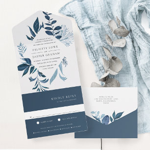 Wild Azure Blue Botanical Lijst Wedding All In One Uitnodiging