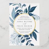 Wild Azure Blue Botanical Wedding Folie Uitnodiging (Voorkant)