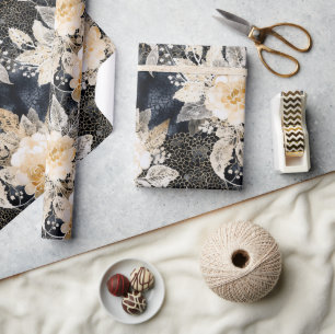Wild Black Cream Leopard Animal Floral Cadeaupapier