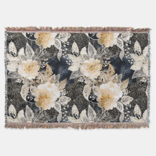 Wild Black Cream Leopard Animal Floral Deken