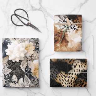 Wild Black Cream Leopard Animal Floral Inpakpapier Vel