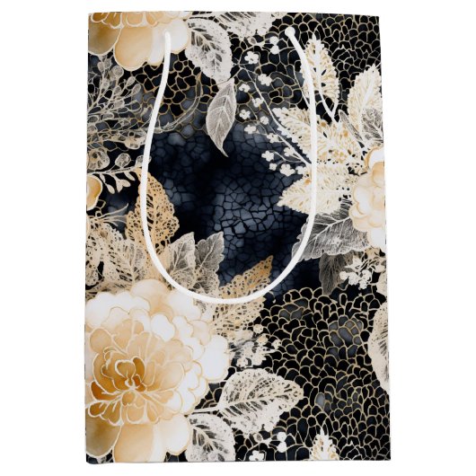 Wild Black Cream Leopard Animal Floral Medium Cadeauzakje (Voorkant)