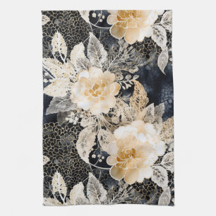Wild Black Cream Leopard Animal Floral Theedoek