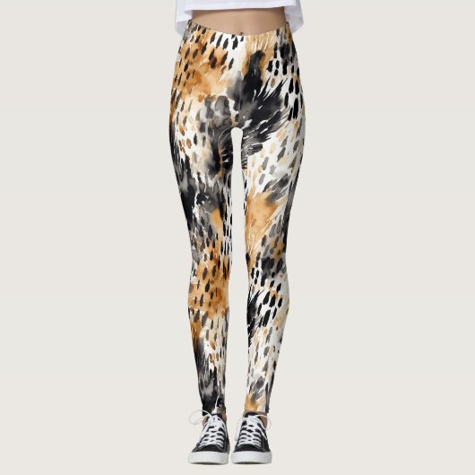 Wild Black Cream Leopard Animal Print Leggings (Voorkant)