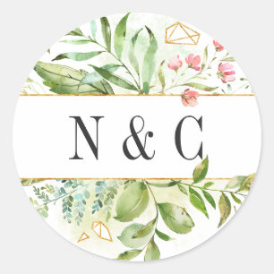 Wild Bloemen Groen Bladerwerk Waterverf Monogram Ronde Sticker