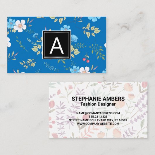 Wild Blue Flowers Spring Garden Pattern | Monogram Visitekaartje (Voorkant / Achterkant)
