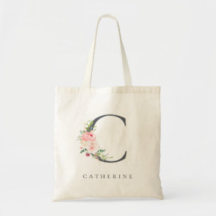 Wild Blush Botanical Floral Letter C Monogram Tote Bag