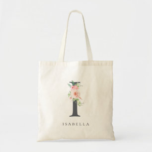 Wild Blush Botanical Floral Letter I Monogram Tote Bag
