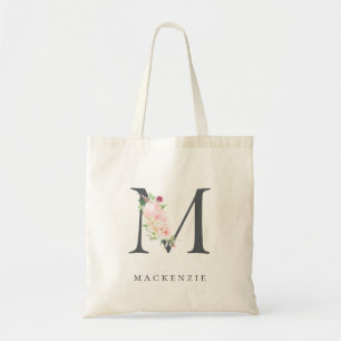 Wild Blush Botanical Floral Letter M Monogram Tote Bag