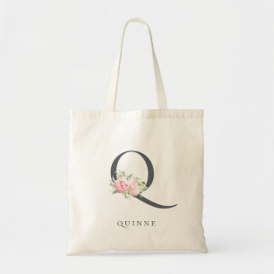 Wild Blush Botanical Floral Letter Q Monogram Tote Bag