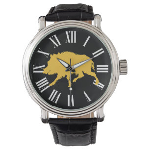 Wild Boar in Black Silhouette Hunting Man Horloge