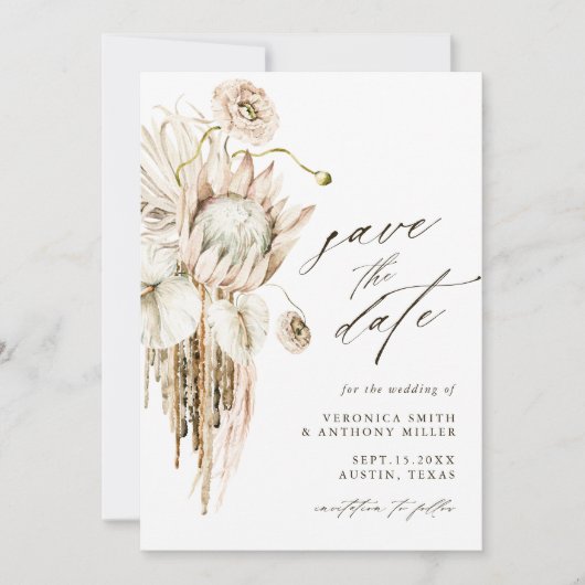 Wild Boho Protea Pampas Grass Floral Wedding Foto Save The Date (Voorkant)