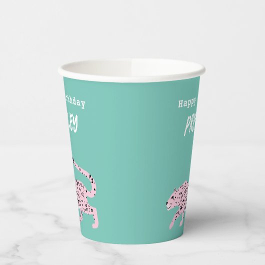 Wild Cat Verjaardagsfeestje Roze en Blauwgroen pap Papieren Bekers (Links)
