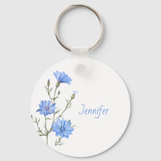 Wild Chicory Flower Botanical Custom Name Sleutelhanger (Voorkant)