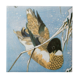 Wild Duck Swimming Snow Laden Reeds door Hiroshige Tegeltje