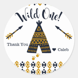 Wild Een 1e Verjaardag Blauw Goud Tepee Party Favo Ronde Sticker
