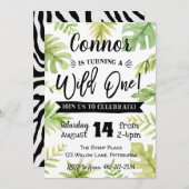 Wild Een 1e Verjaardag Uitnodiging Oerwoud bladere (Voorkant / Achterkant)