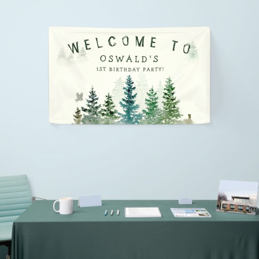 Wild Een 1e Verjaardag Waterverf Bosdieren Spandoek (Beurs)