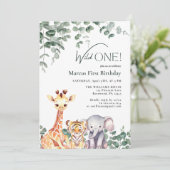 Wild Een Kinder Safari Dieren Eerste Verjaardag Kaart (Staand voorkant)