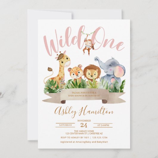 Wild Eén Oerwoud Roze Baby shower Kaart (Voorkant)