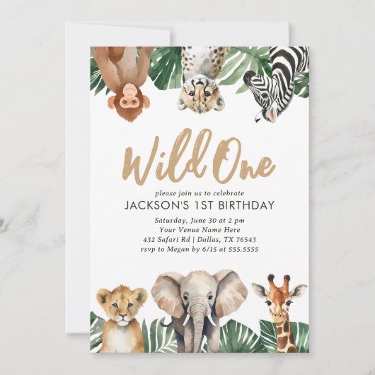 Wild Eén Oerwoud Safari Dieren 1e verjaardag Kaart (Voorkant)