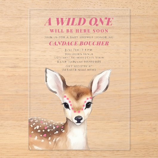 Wild Een Roze Gevlekt Fawn Herten Baby shower Acryl Uitnodigingen (Voorkant)