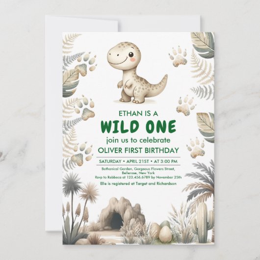 Wild Een Schattigee Dinosaurus Eerste Verjaardagsf Kaart (Voorkant)