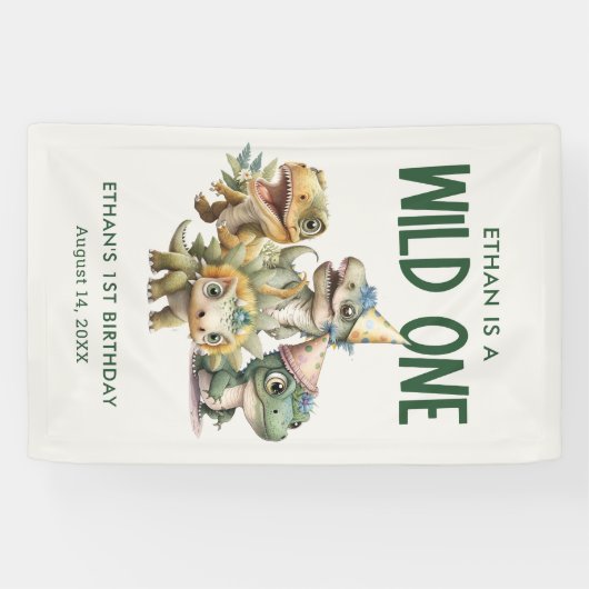 Wild Een Schattigee Dinosaurus Eerste Verjaardagsf Spandoek (Horizontaal)