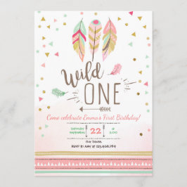 Wild een Verjaardags Meisje Roze Goud 1e Boho vere Kaart