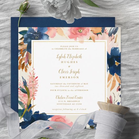 Wild Elegance | Navy Blush & Gold Square Weddensch Kaart