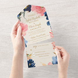 Wild Elegance | Navy Blush & Gold Wedding All In One Uitnodiging