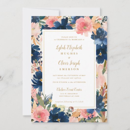 Wild Elegance | Navy Blush & Gold Wedding Kaart (Voorkant)