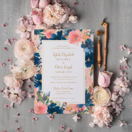 Wild Elegance | Navy Blush & Gold Wedding Kaart