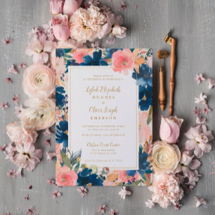 Wild Elegance   Navy Blush & Gold Wedding Kaart