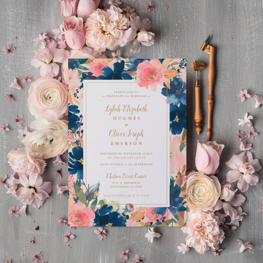 Wild Elegance | Navy Blush & Gold Wedding Kaart