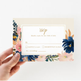 Wild Elegance | Navy Blush & Gold Wedding RSVP Kaartje